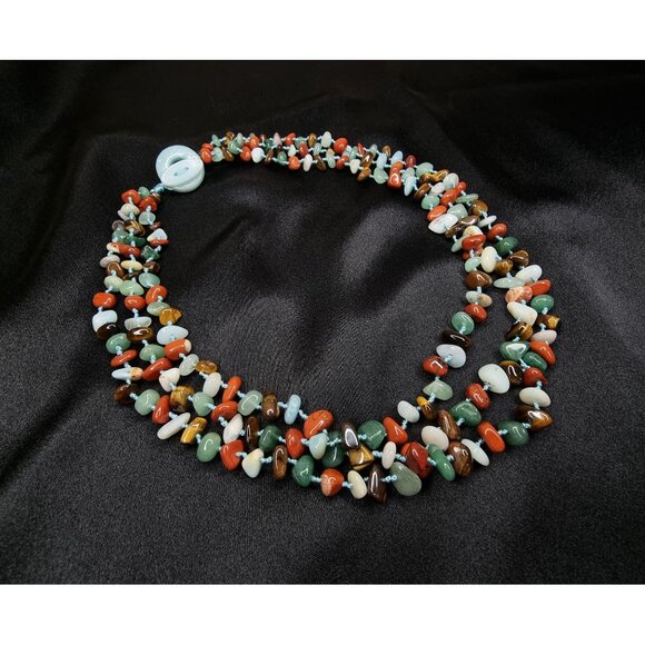Natural Stones Multicolor Beaded Necklace With Jade Button Clasp - Picture 3 of 5